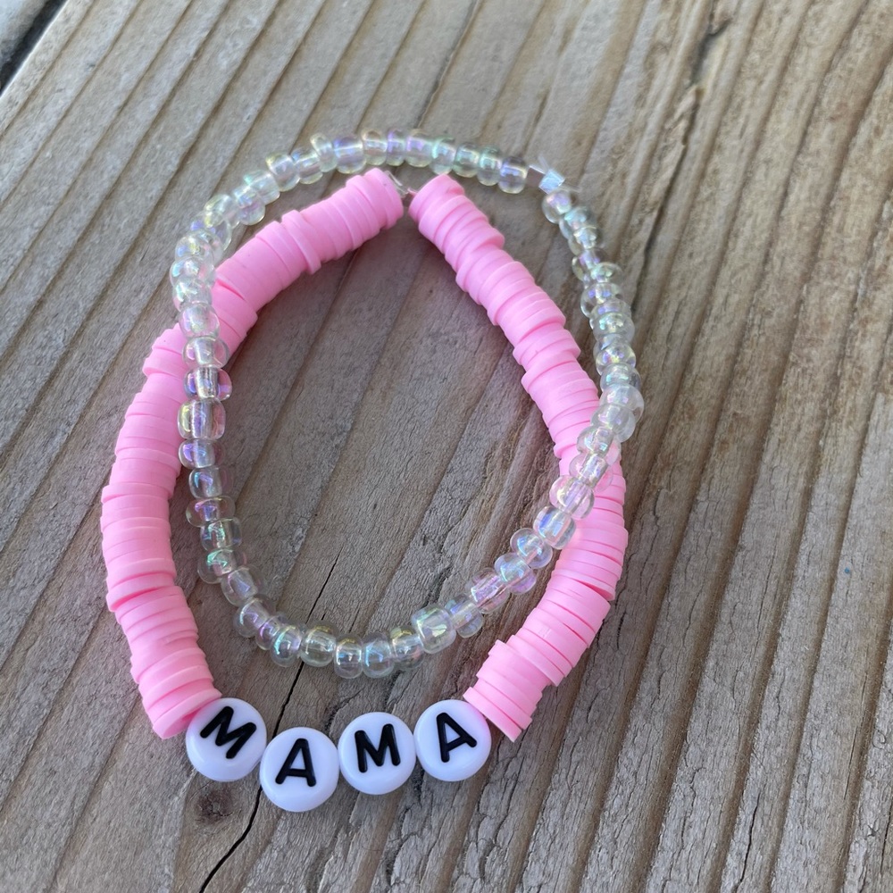 Pink mama bracelet stack heishi